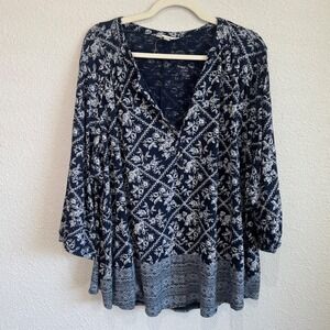 Lucky Brand Womens 3X Navy Blue Floral Geometric Tunic Top 3/4 Sleeve Boho